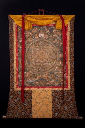 Buddhist Mandala Mounted On Dragon Motif Brocade with Metal Dowels